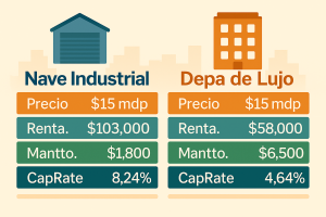 Comparación entre una nave industrial y un departamento de lujo: misma inversión de $15 millones, pero la nave genera $103,000 de renta mensual con menor mantenimiento y mayor CapRate (8.24% vs. 4.64%).